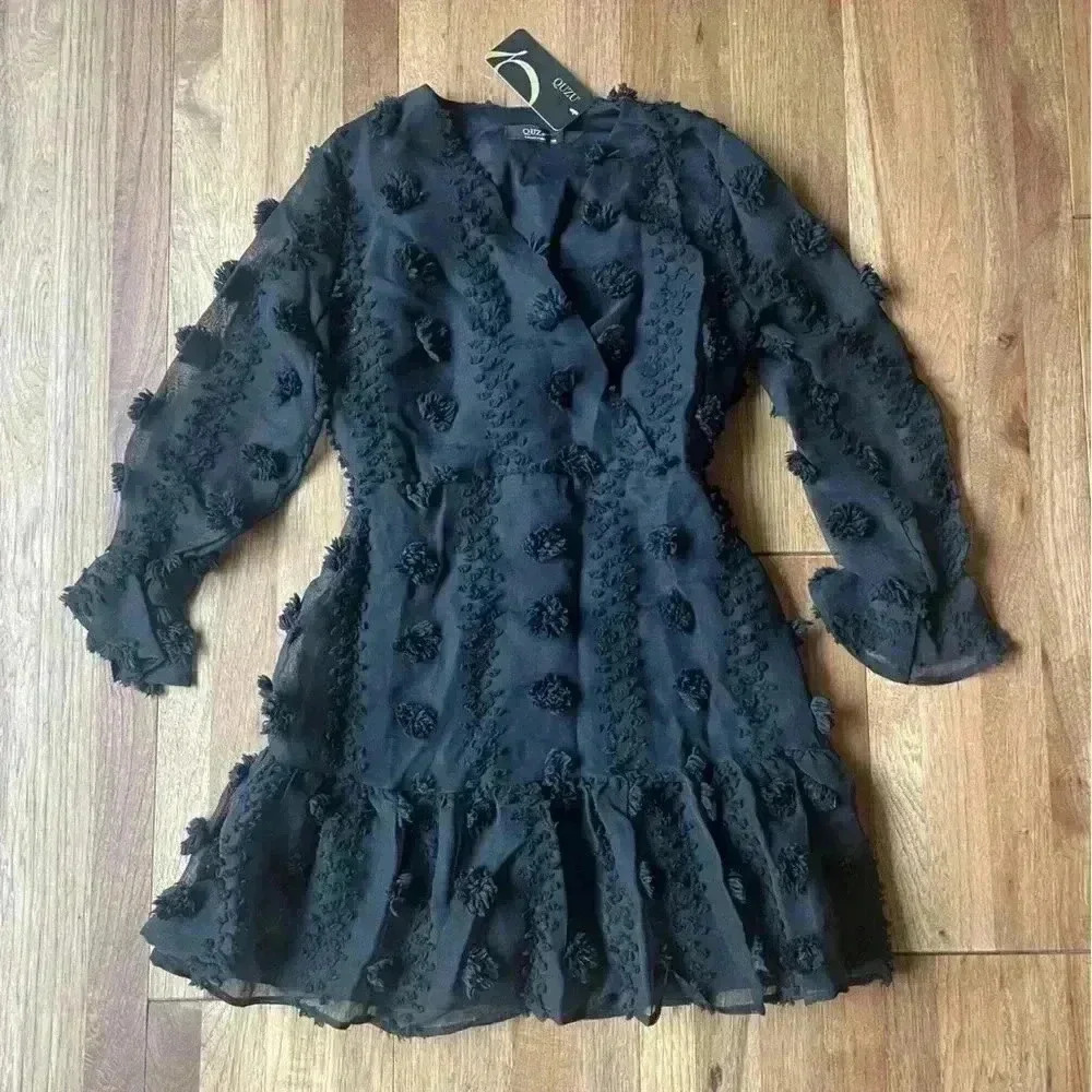 NWT Black Textured Pom Pom Mini Dress‎ Women Sz 38 Whimsigoth Holiday Party